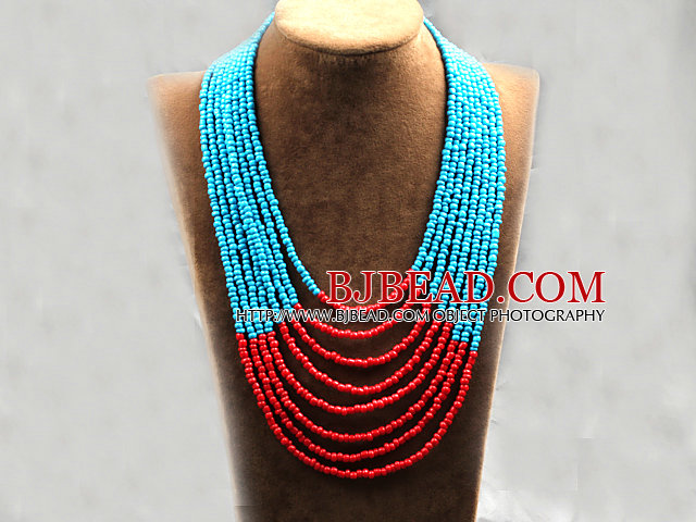Multi Strands Multi Layered 4-5mm Blue and Red Plastic Seed Necklace