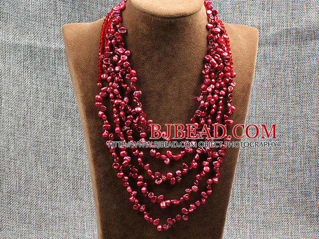 Elegant Five Layer Natural Red Rebirth Pearl Crystal Party Necklace