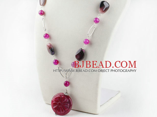 rose color agate necklace with carved flower pendant with extendable chain