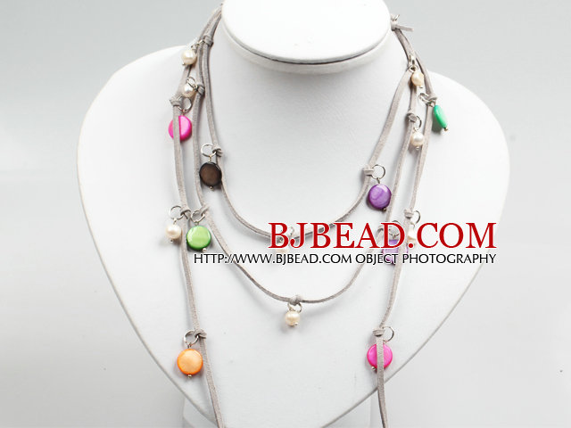 Long Style White Freshwater Pearl and Multi Color Shell Necklace (Can Also Be Waist Chain)