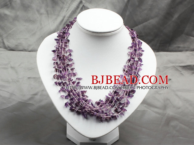 Popular Fashion Multi Layer Amethyst Chips Chunky Necklace With Shell Flower Clasp