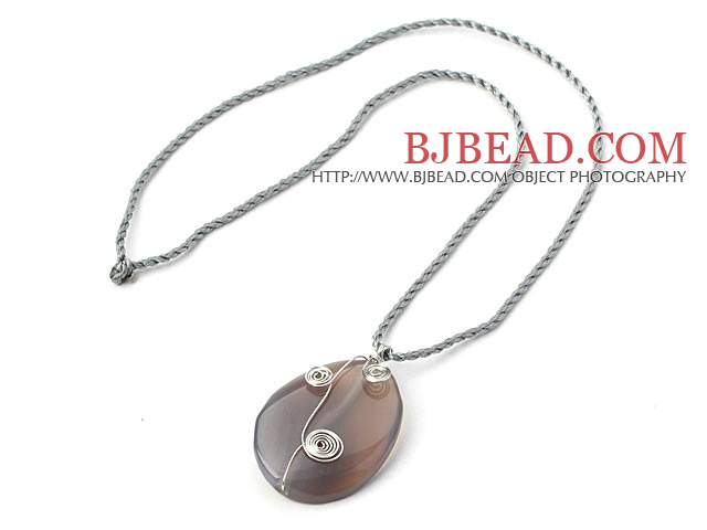 Simple Style Oval Shape gemstone Pendant Necklace with grey Thread( Random colors )