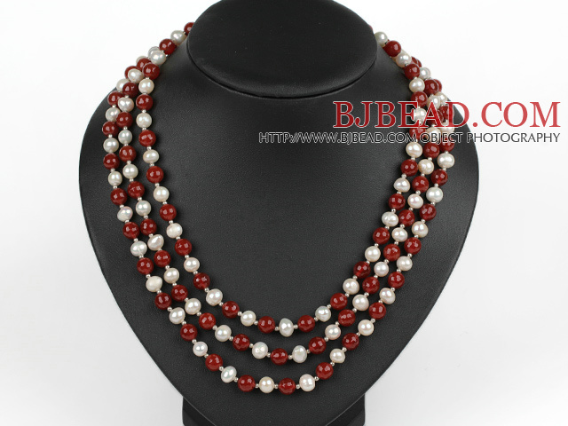 three strand 17.7 inches white pearl and red agate necklace with shell flower clasp