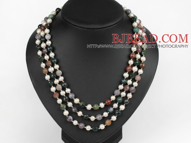 three strand white pearl and india agate necklace with shell flower clasp
