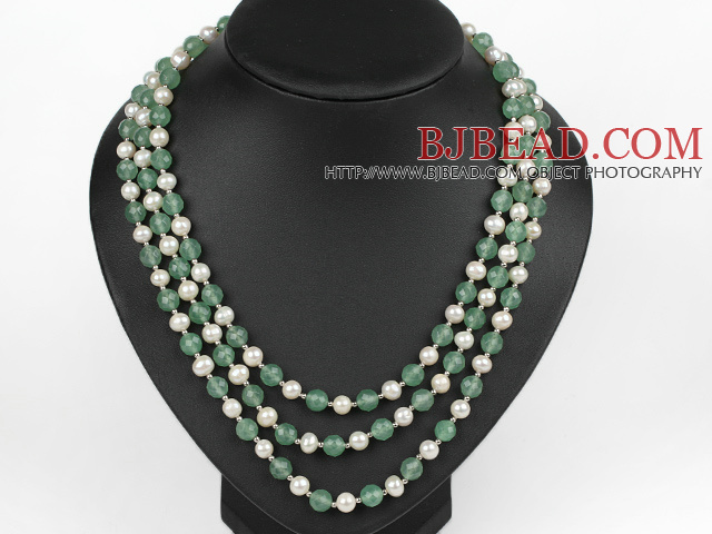 three strand 17.7 inches white pearl and aventurine necklace with shell flower clasp