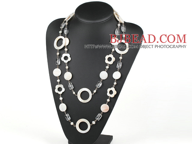 51.2 inches white pearl crystal and flower shell necklace