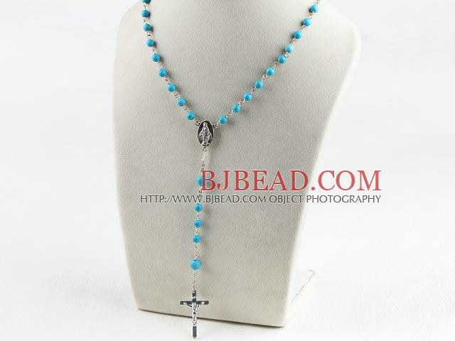31.5 inches prayer beads, 6-8mm turquoise ball necklace rosary with cross