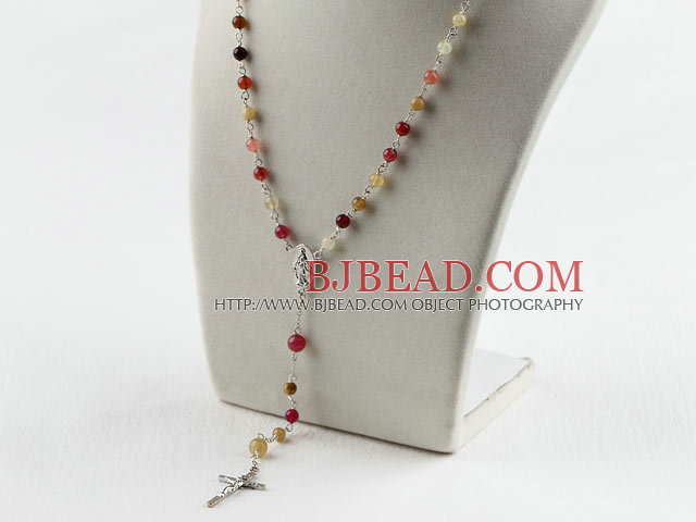 31.5 inches prayer beads, 6-8mm three color jade necklace rosary with cross
