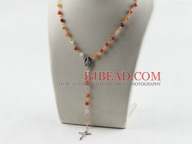 31.5 inches prayer beads, 6-8mm natural color agate necklace rosary with cross