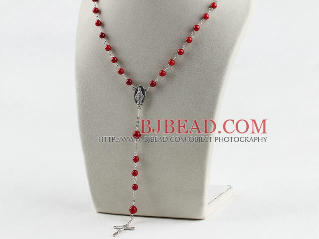 31.5 inches prayer beads, 6-8mm red coral ball necklace rosary with cross