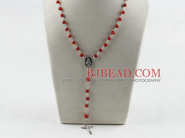 31.5 inches prayer beads, 6-8mm red agate ball necklace rosary with cross