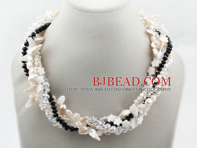 White Teeth Shape Freshwater Pearl and Clear and Black Crystal and White Shell Flower Necklace