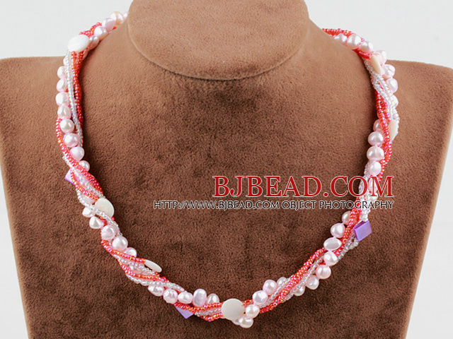 Multi Strand Freshwater Pearl Shell and Glass beads Necklace with Moonlight Clasp