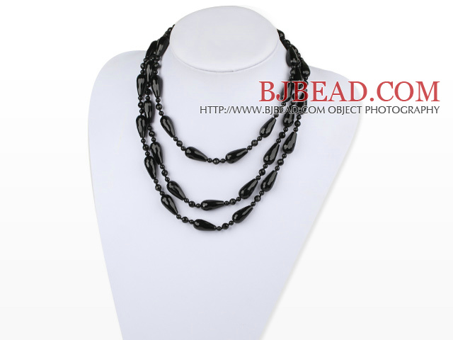 Long style round and drop shape black agate necklace