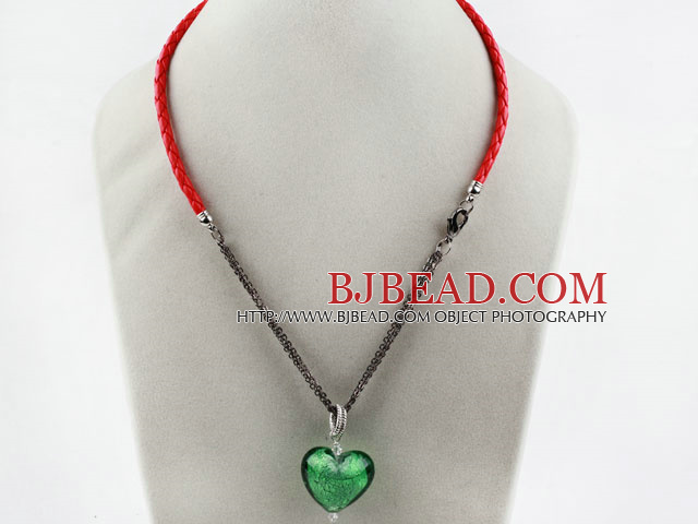 New Design Heart Shape Green Colored Glaze Pendant with Red Cord