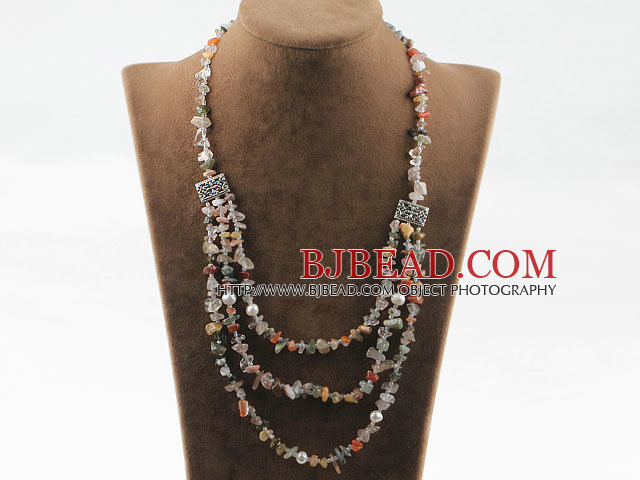 Three layer multi color rutilated quartz and white pearl necklace