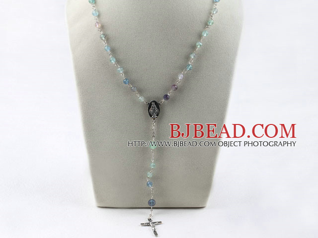 31.5 inches prayer beads, 6-8mm rainbow flourite necklace rosary with cross