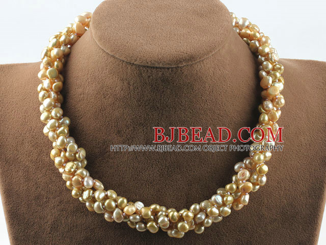 Multi strand champagne color freshwater pearl twisted necklace with magnetic clasp