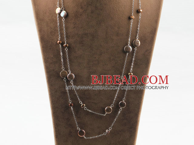 Long style dark brown coin pearl necklace with metal chain