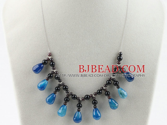 Drop shape blue agate and round garnet necklace with lobster clasp