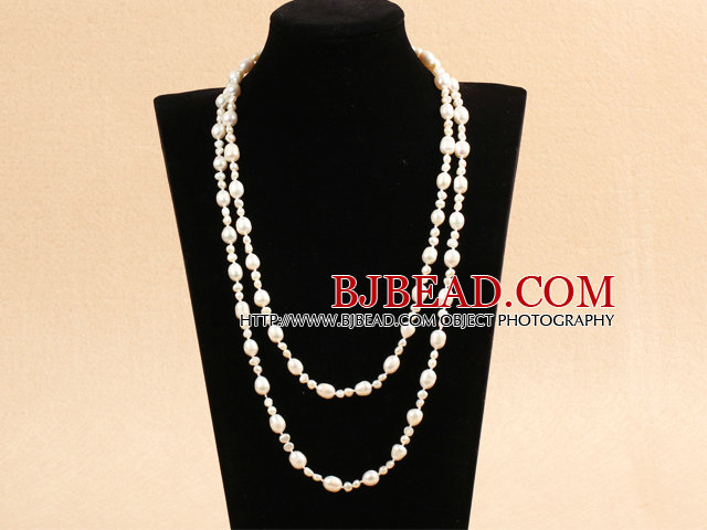 Graceful Long Style Double Strand Natural White Freshwater Pearl Necklace (Sweater Chain)