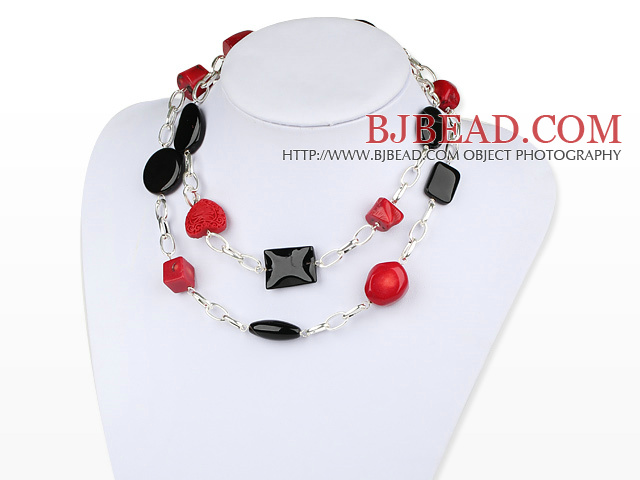 Assorted red coral and black agate necklace with bold metal chain