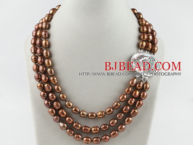 three strand brown pearl necklace with beauty clasp