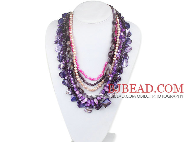 Purple Series Multi Strands Purple Freshwater Pearl Crystal and Amethyst and Purple Shell Necklace