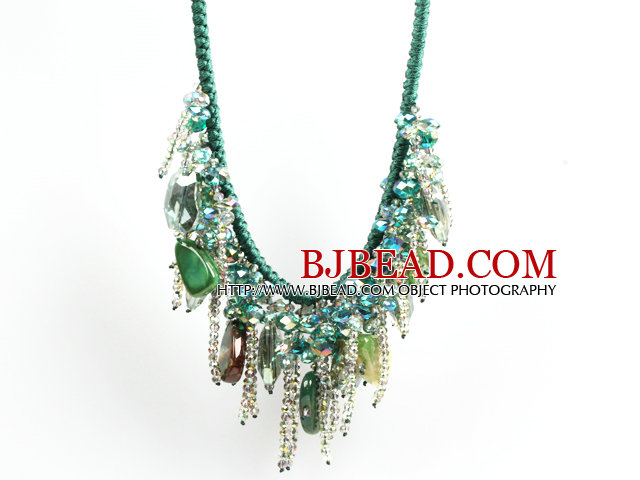 Sparkly Bib Shape Green Series Crystal Agate Statement Party Necklace With Green Thread Woven Drawstring Chain