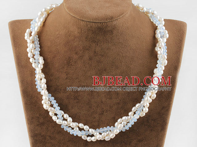 Three Strand White Pearl and Opal Crystal Necklace