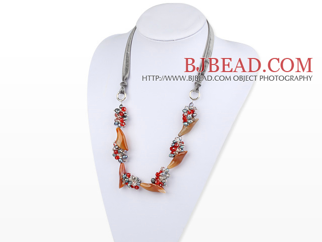 Pearl Crystal and Agate Flower Necklace with Gray Ribbon