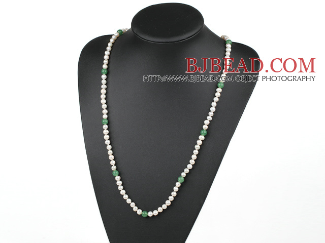 Long Style White Freshwater Pearl and Aventurine Beaded Necklace
