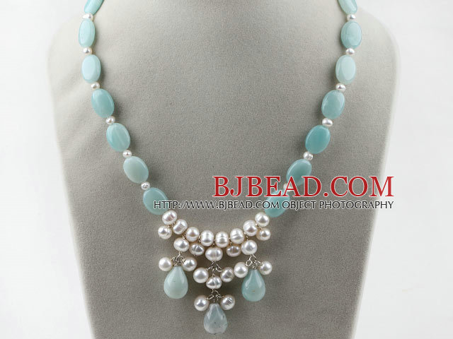 Single Strand White Freshwater Pearl and Amazon Stone Necklace