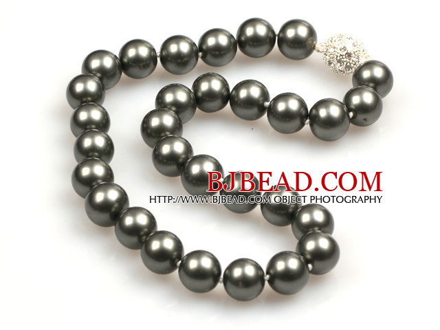 14mm Gray Black Color Round Sea Shell Beaded Necklace with Magnetic Clasp