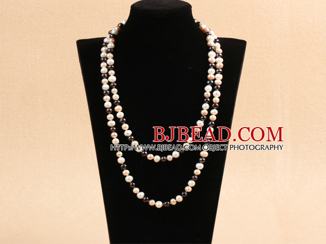 Graceful Long Style Double Strand 8-9mm Natural White & Pink & Black Freshwater Pearl Necklace (Sweater Chain)