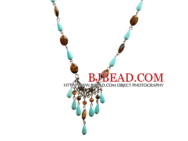 Turquoise and Tiger Eye Necklace with Bronze Chain