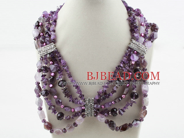 Multi Strand Big Style Assorted Amethyst Chips Bib Necklace