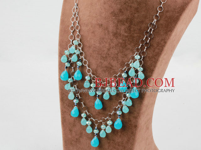 Blue Crystal and Blue Jade Necklace with Metal Chain