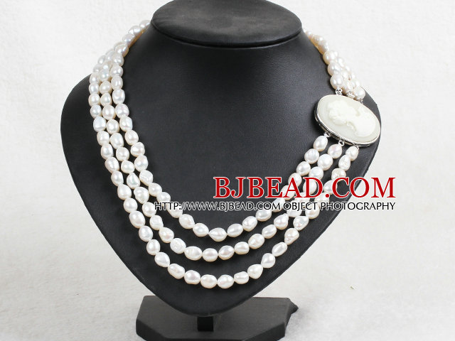 Fashion Party Style 3 Strand Natural 8-9mm White Baroque Pearl Necklace With Beauty Head Clasp