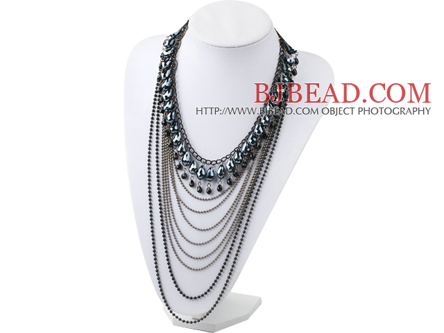 Fashion Style Multi Layer Black Crystal and Hematite Statement Necklace with Metal Chain