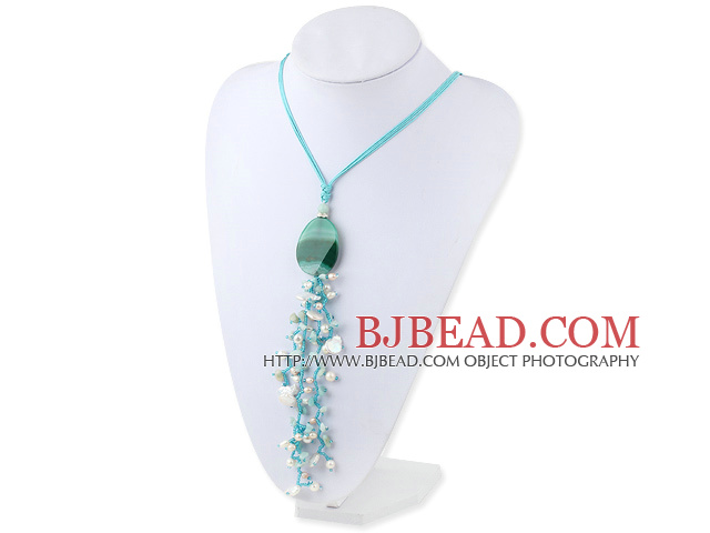 White Freshwater Pearl and Amazon Stone Pendant Tassel Necklace