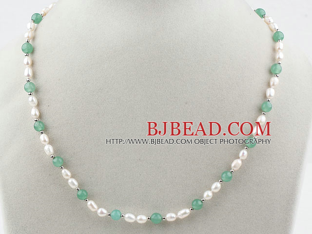 Single Strand White Freshwater Pearl and Aventurine Beaded Necklace
