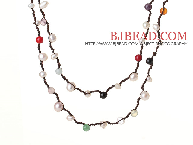 Long Style Assorted White Freshwater Pearl and Multi Color Stone Necklace