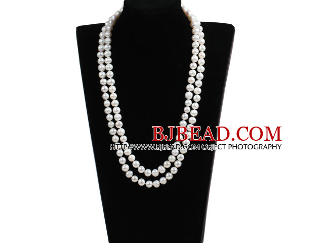 Elegant Mother Gift Long Style Double Strand 9-10mm Natural Near Round White Freshwater Pearl Necklace (Sweater Chain)
