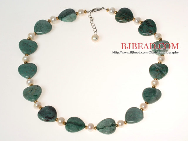 White Pearl and Heart Shape Dragon Blood Stone Necklace