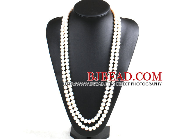 Elegant Mother Gift Long Style Double Strand 9-10mm Natural Near Round White Freshwater Pearl Necklace (Sweater Chain) With Shell Flower Clasp