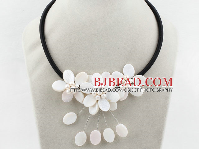 White Freshwater Pearl and White Shell Flower Necklace with Black Cord