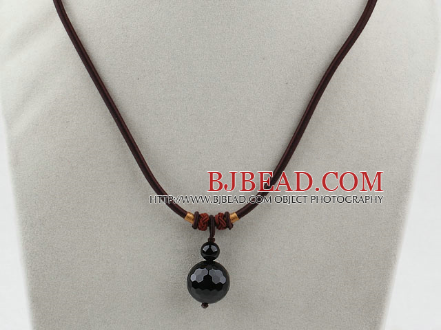 Simple Design Faceted Black Agate Pendant Necklace with Dark Red Thread