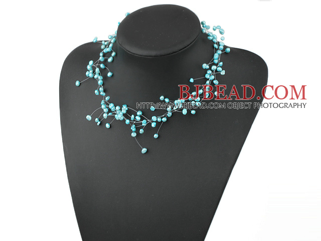 Fancy Style Sky Blue Color Freshwater Pearl Bridal Necklace