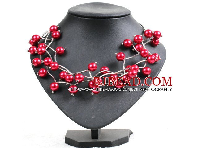 Trendy Style Multi Strand Bright Red Seashell Beads Twisted Necklace With Bending Alloyed Tube